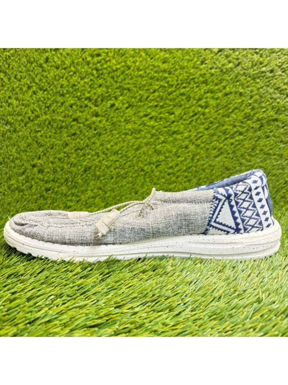 Hey Dude Wally Funk Mens Size 10 Taupe Gray Blue Casual Walking Slip-On Shoes